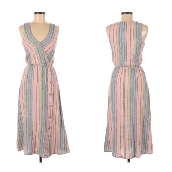 Indigo Rein Multicolor Linen Blend Striped Button V-Neck Midi Dress XS - Picture 1 of 10